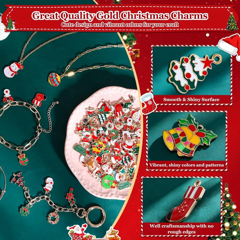 Modacraft 120 Pcs Christmas Charms for Jewelry Making, Multiple Styles Gold Enamel Pendant Charms with Santa Snowflake Tree for DIY Bracelet Necklace Earring Keychain Craft Supplies Holiday Decor Gift - Image 3